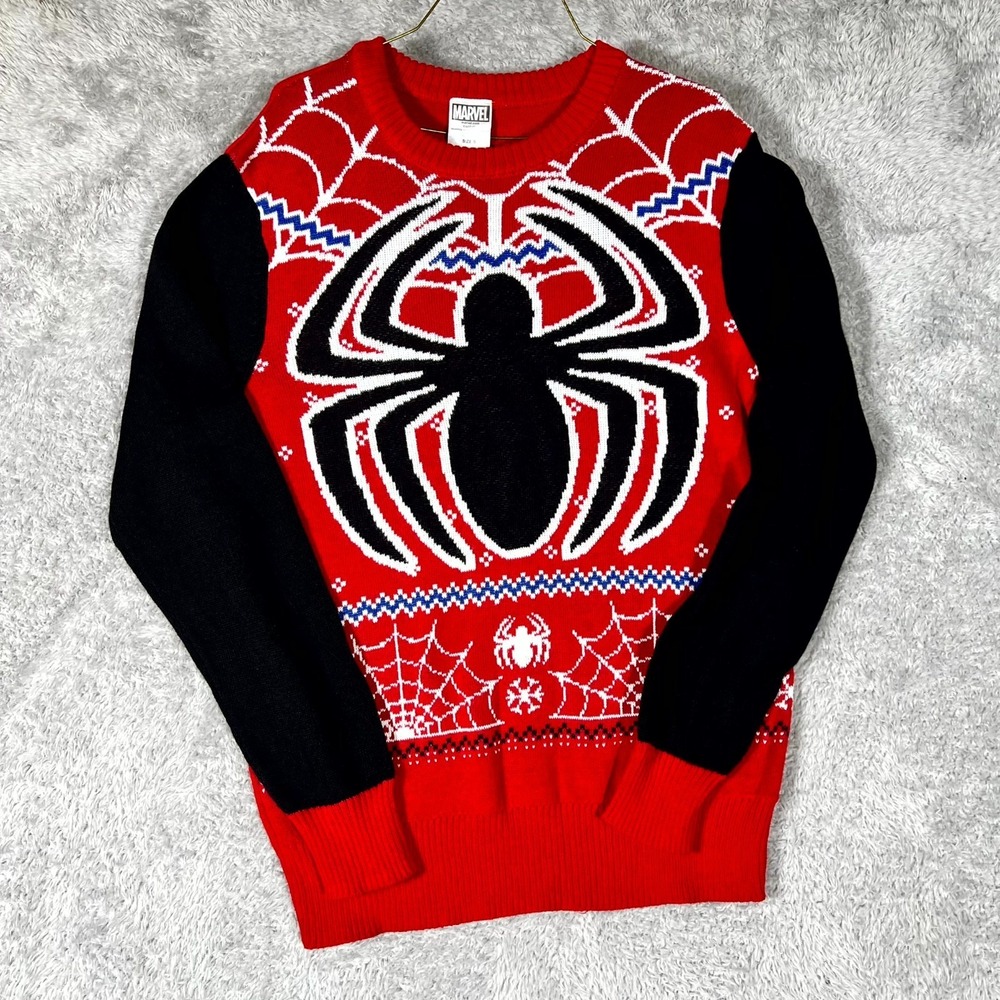 Marvel Sweater Mens Small Red Black Ugly Spiderman Graphic Cotton Ribbed‎ Hem